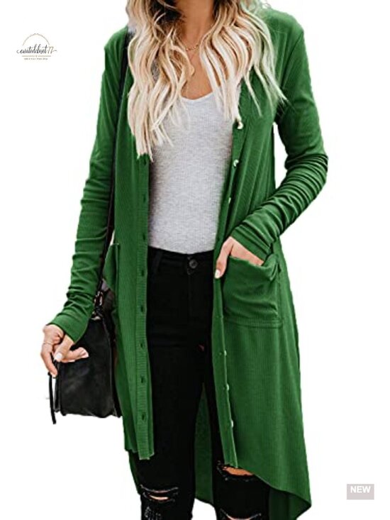 Sweaters - Lightweight Knit Long Cardigan with Pockets - Button Down V-Neck